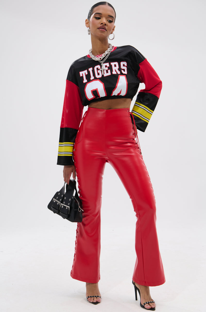 SEXY FAUX LEATHER RED LACE-UP PANTS