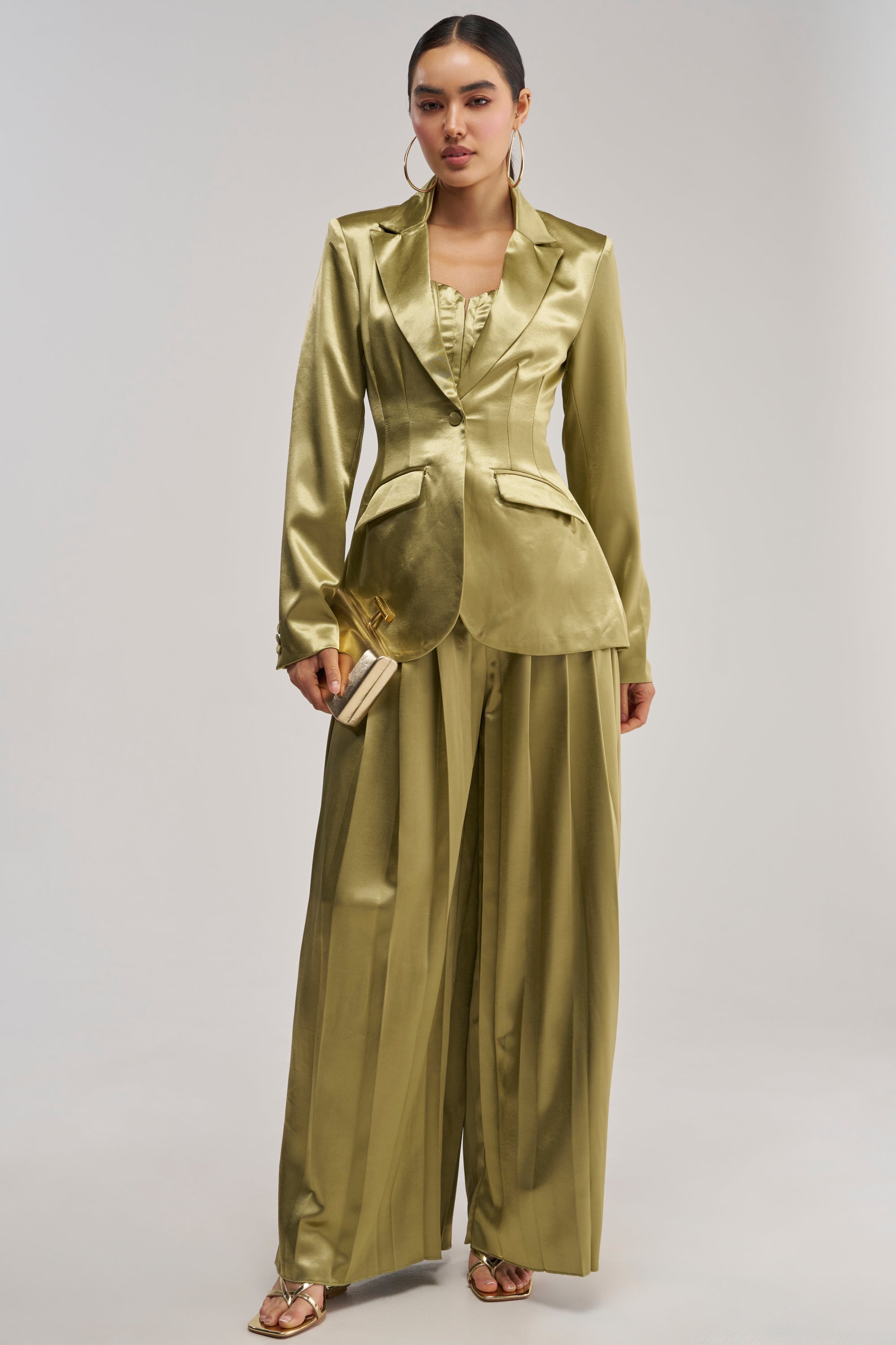 IRIS SATIN PLEATED PANT IN OLIVE