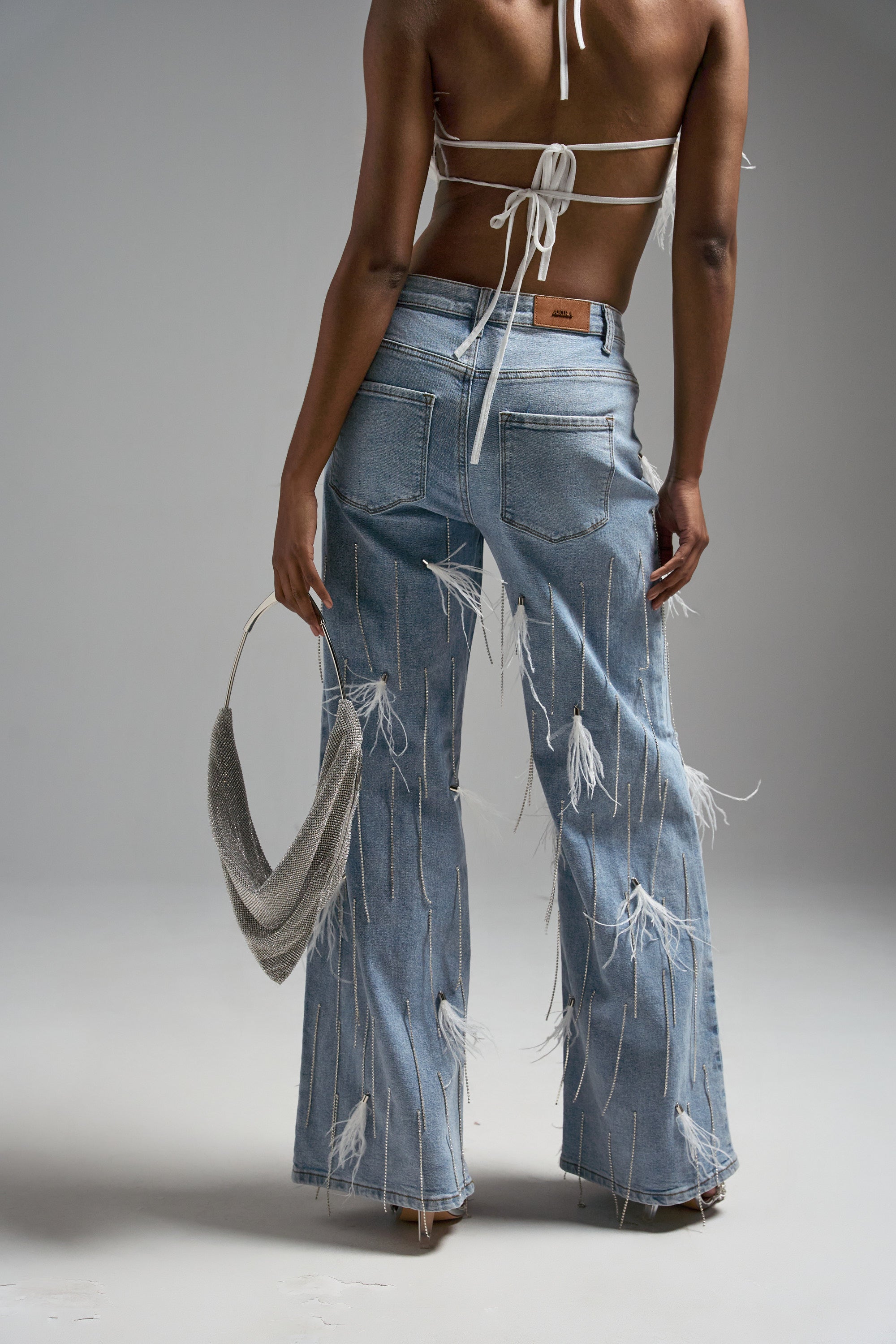 SHAKE IT FOR ME GIRL FEATHER EMBELLISHED DENIM
