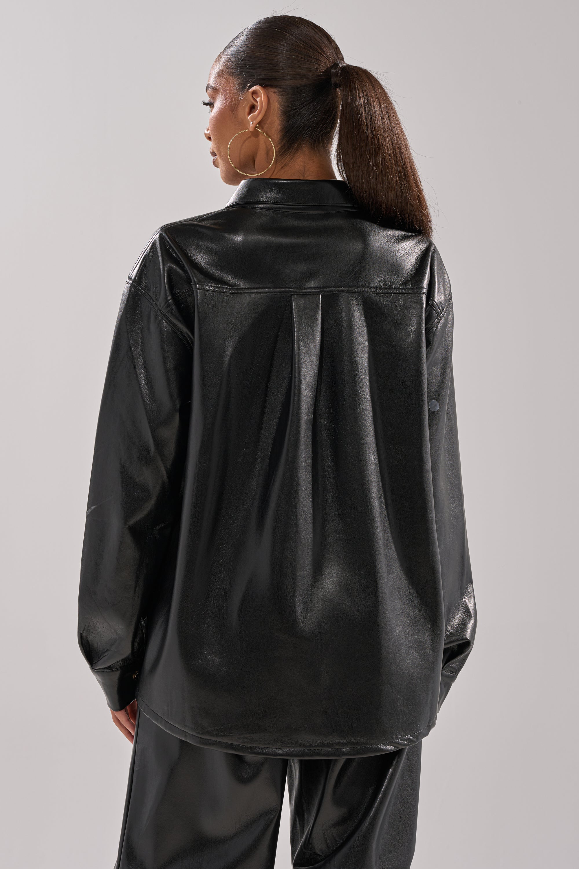 GET WITH IT FAUX LEATHER BUTTON DOWN