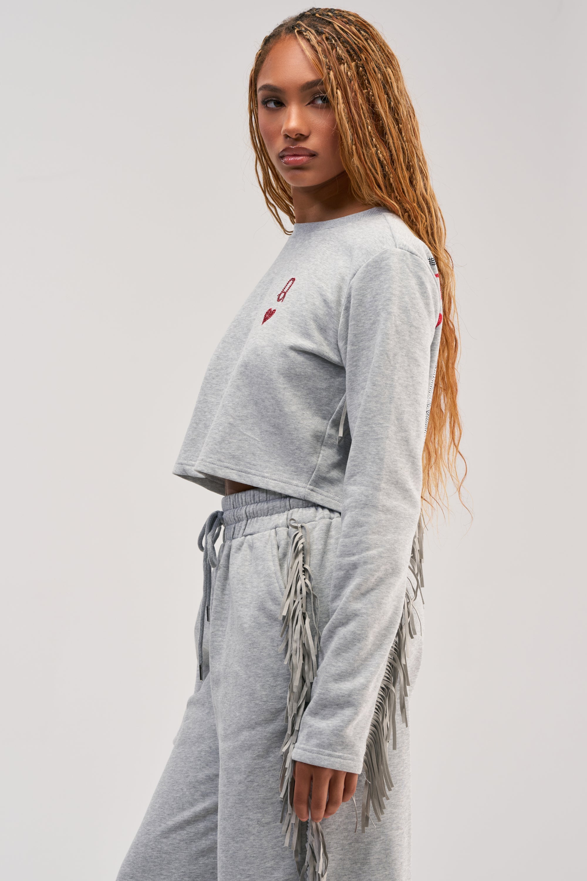 PLAYING CARDS CROP SWEATSHIRT IN HEATHER GREY