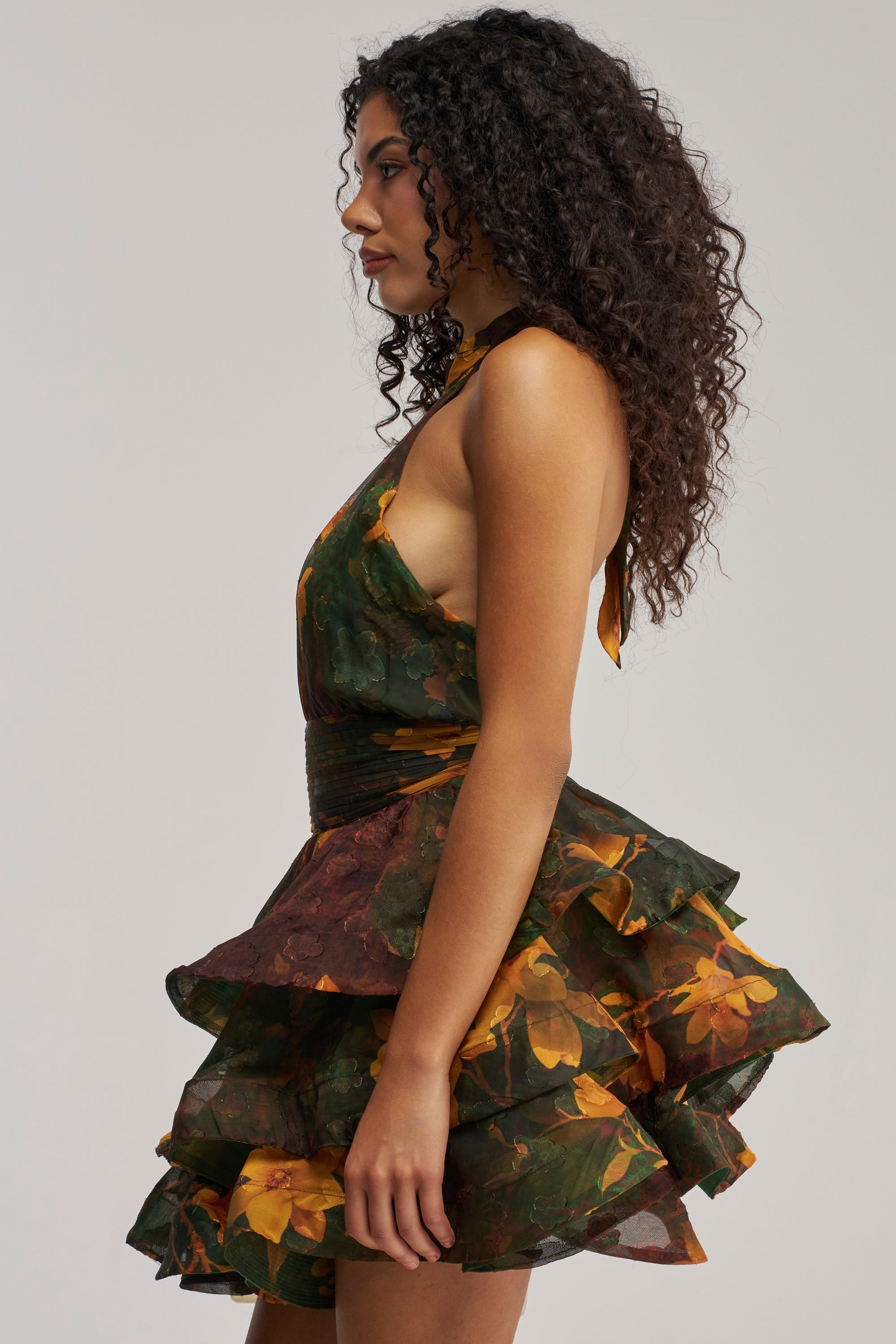 SPIN ME AROUND CHIFFON MINI DRESS IN GREEN FLORALS