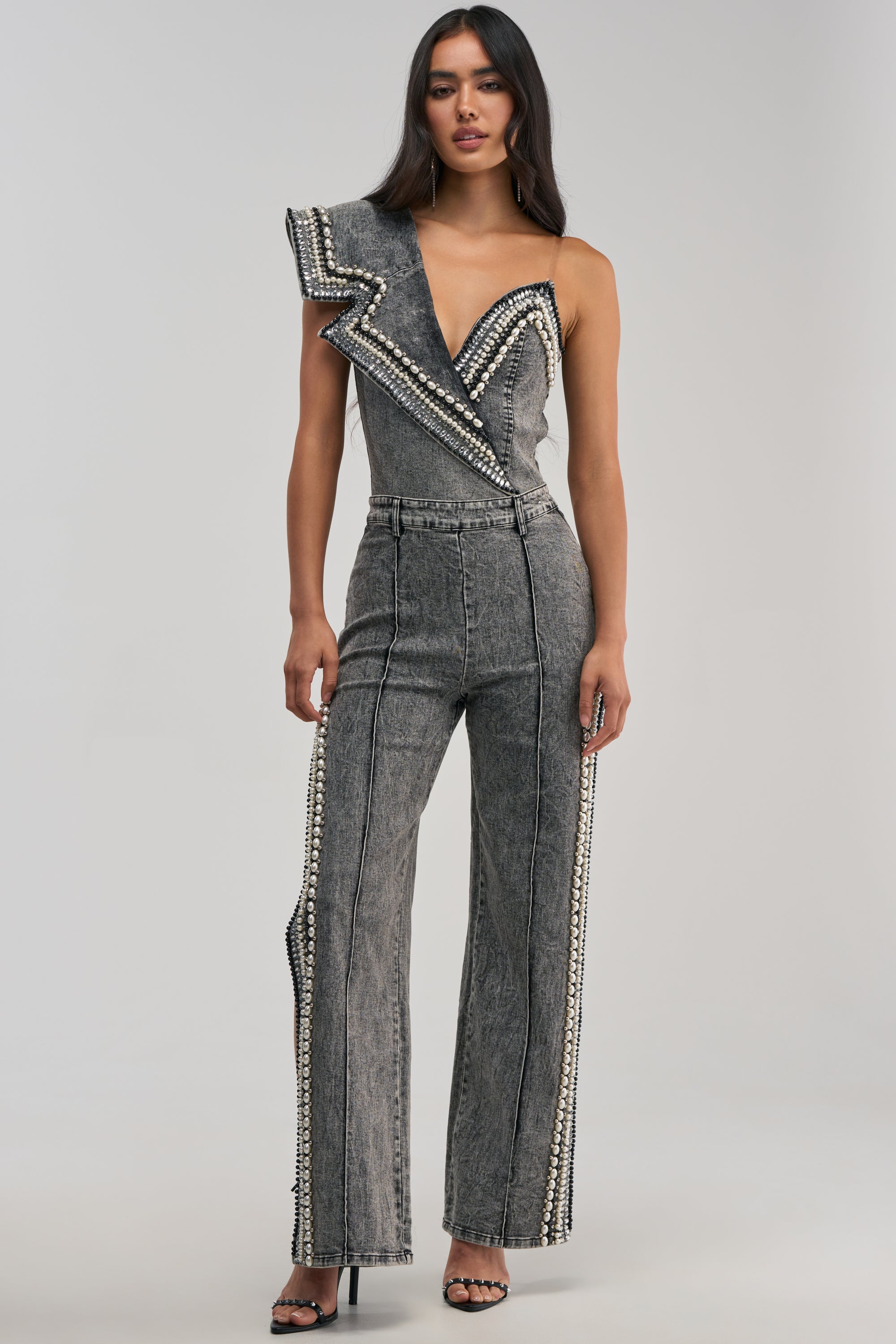 LUXURIOUS DENIM ASYMMETRICAL PEARL BODYSUIT IN GREY
