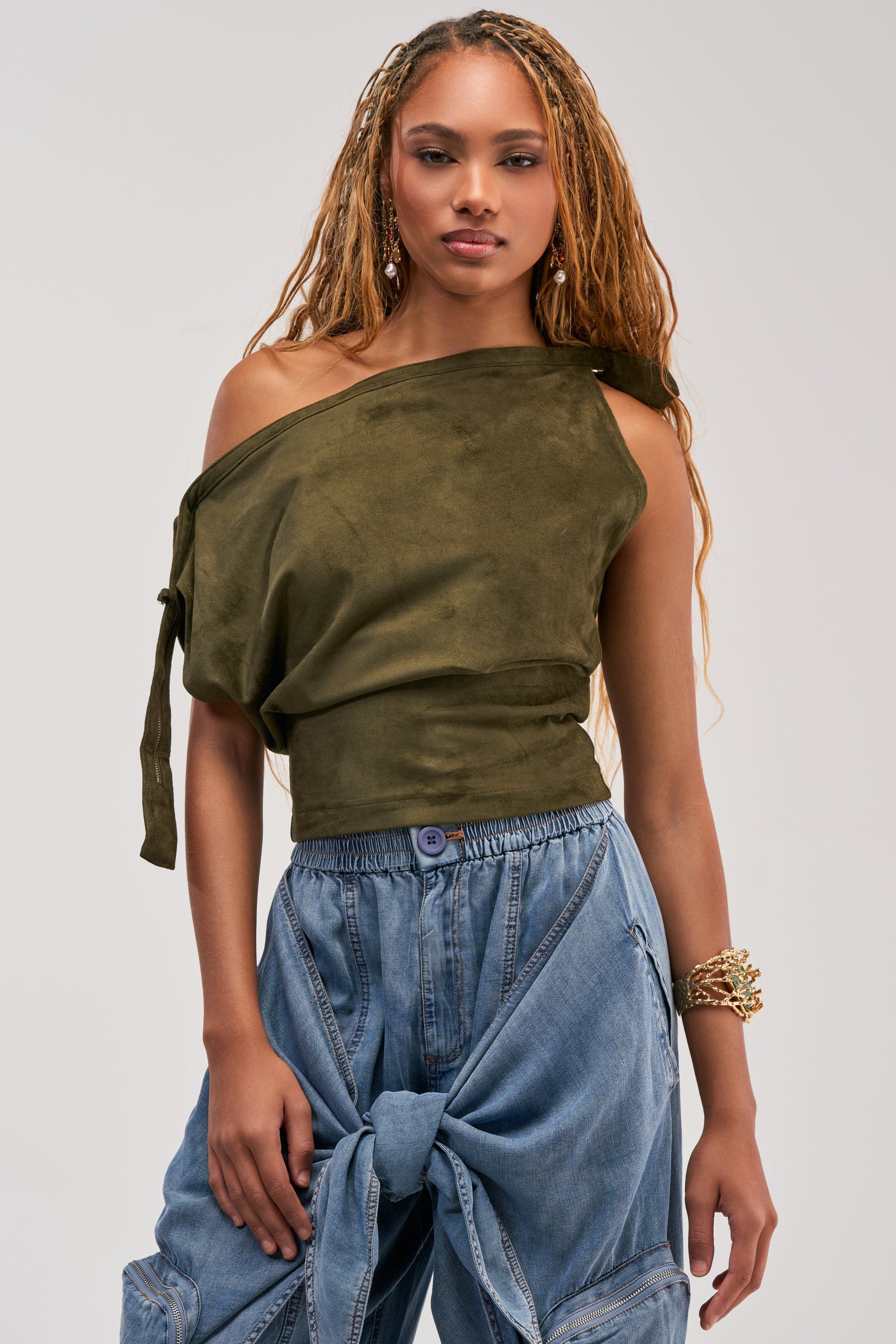GOOD VIBES ONLY SUEDE OFF SHOULDER TOP