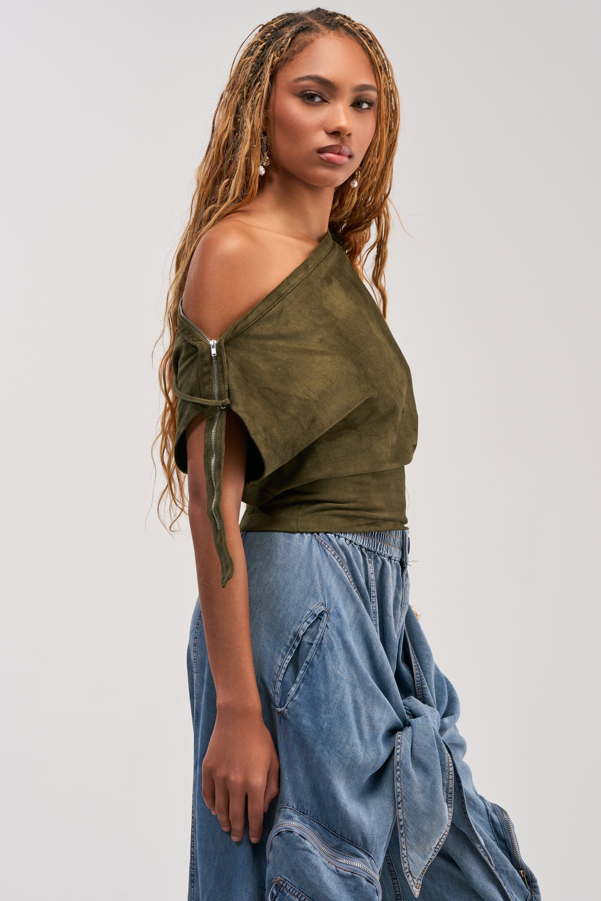 GOOD VIBES ONLY SUEDE OFF SHOULDER TOP
