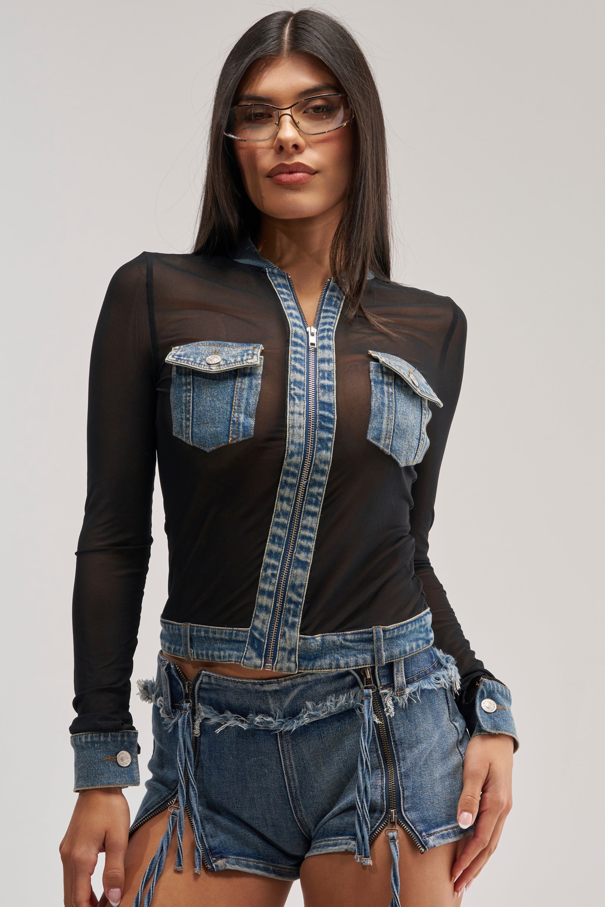 DENIM TRIM MESH ZIP UP TOP