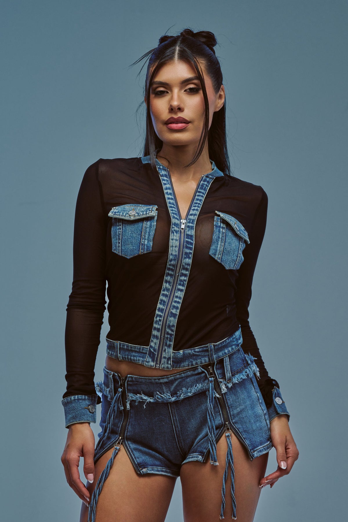 DENIM TRIM MESH ZIP UP TOP