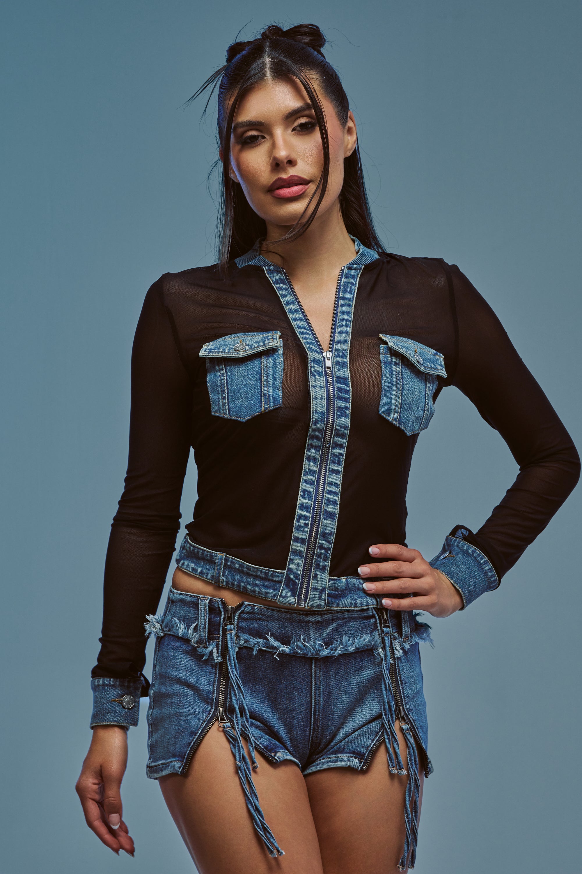 DENIM TRIM MESH ZIP UP TOP