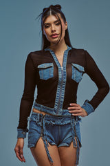 DENIM TRIM MESH ZIP UP TOP