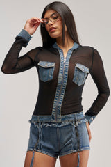 DENIM TRIM MESH ZIP UP TOP
