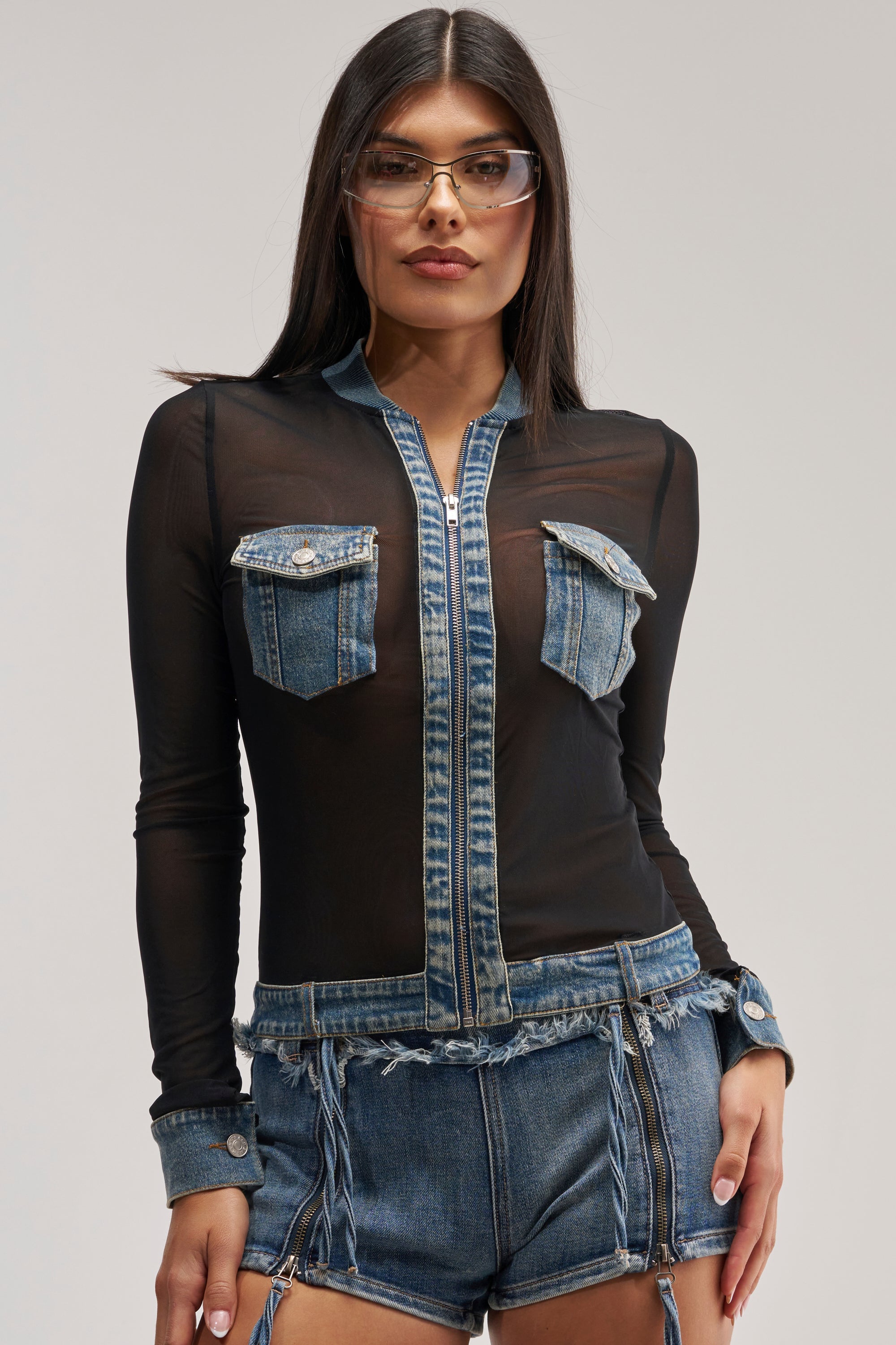 DENIM TRIM MESH ZIP UP TOP
