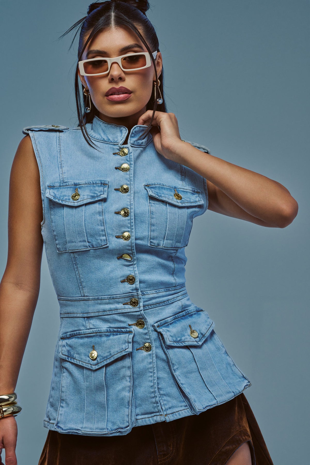 UMI STRETCH DENIM TOP IN LIGHT BLUE DENIM