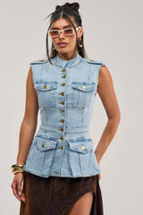 UMI STRETCH DENIM TOP IN LIGHT BLUE DENIM