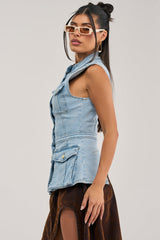 UMI STRETCH DENIM TOP IN LIGHT BLUE DENIM