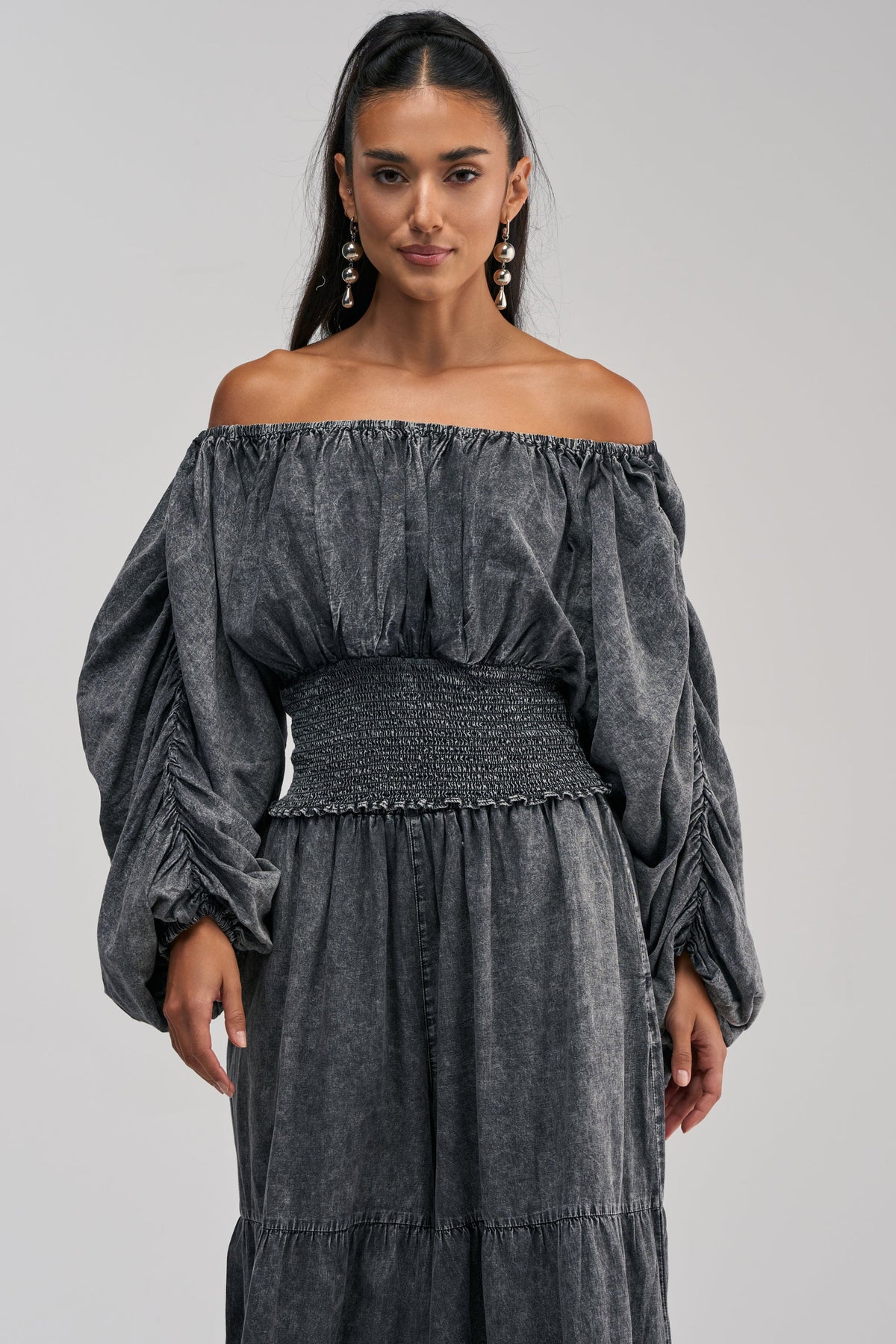 DENIM FOR DAYS OFF THE SHOULDER TOP IN DARK DENIM