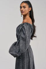 DENIM FOR DAYS OFF THE SHOULDER TOP IN DARK DENIM