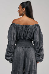 DENIM FOR DAYS OFF THE SHOULDER TOP IN DARK DENIM