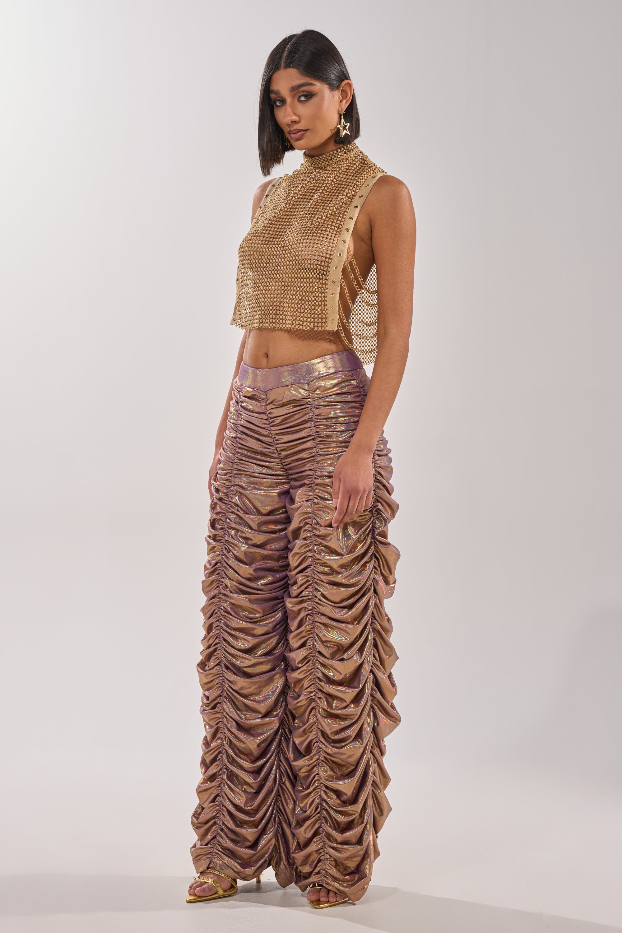 TEARS IN THE CLUB OPEN SIDES MOCK NECK RHINESTONE MESH BLOUSE