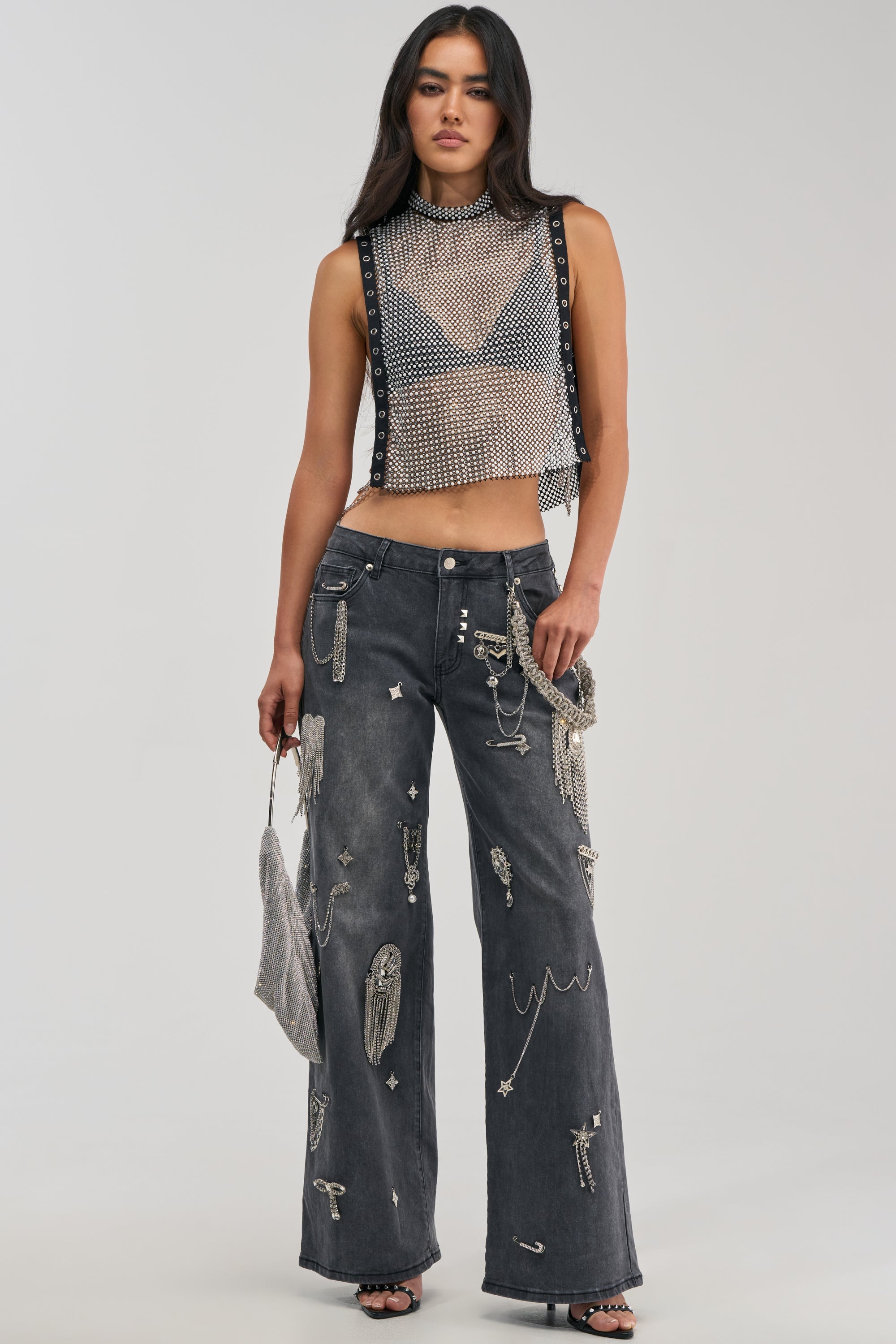 NO CRYING IN THE CLUB RHINESTONE MESH TOP