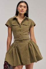 SADIE BUTTON UP MINI DRESS IN OLIVE DENIM