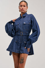 CITYSCAPE BELTED DENIM ROMPER