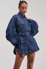 CITYSCAPE BELTED DENIM ROMPER