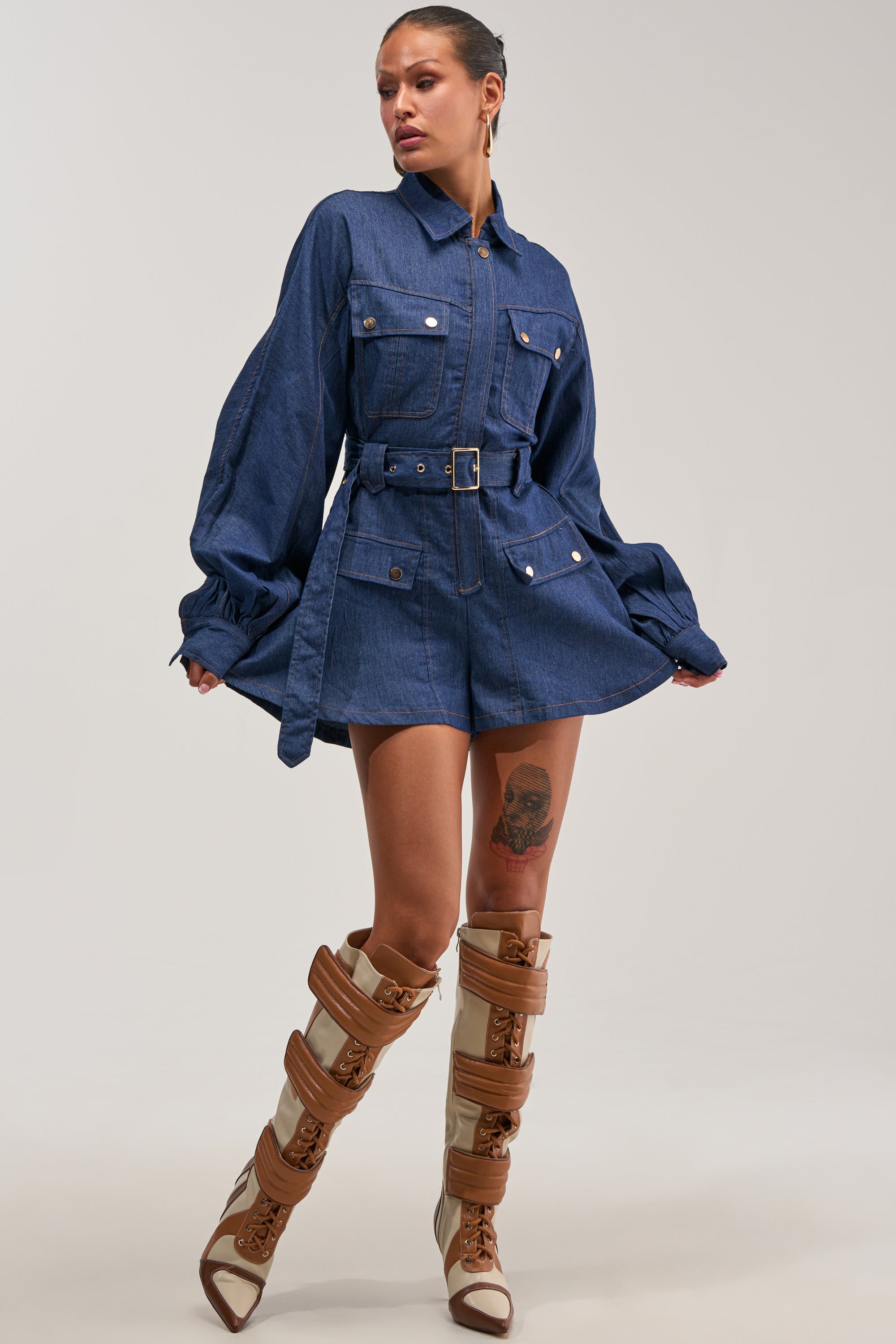 CITYSCAPE BELTED DENIM ROMPER