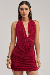 HAUTE HEAT SWOOPED MINI DRESS IN BURGUNDY