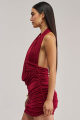 HAUTE HEAT SWOOPED MINI DRESS IN BURGUNDY
