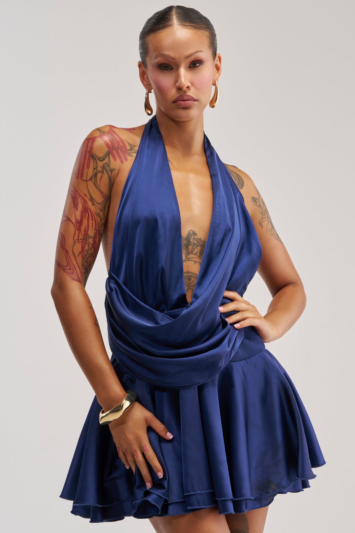 UNDERSTOOD THE ASSIGNMENT SATIN MINI DRESS IN NAVY