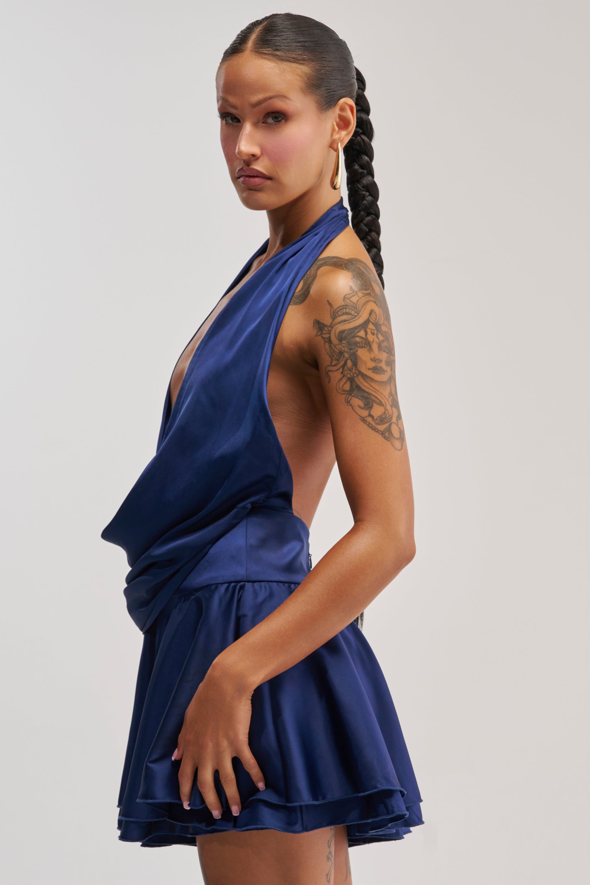 UNDERSTOOD THE ASSIGNMENT SATIN MINI DRESS IN NAVY