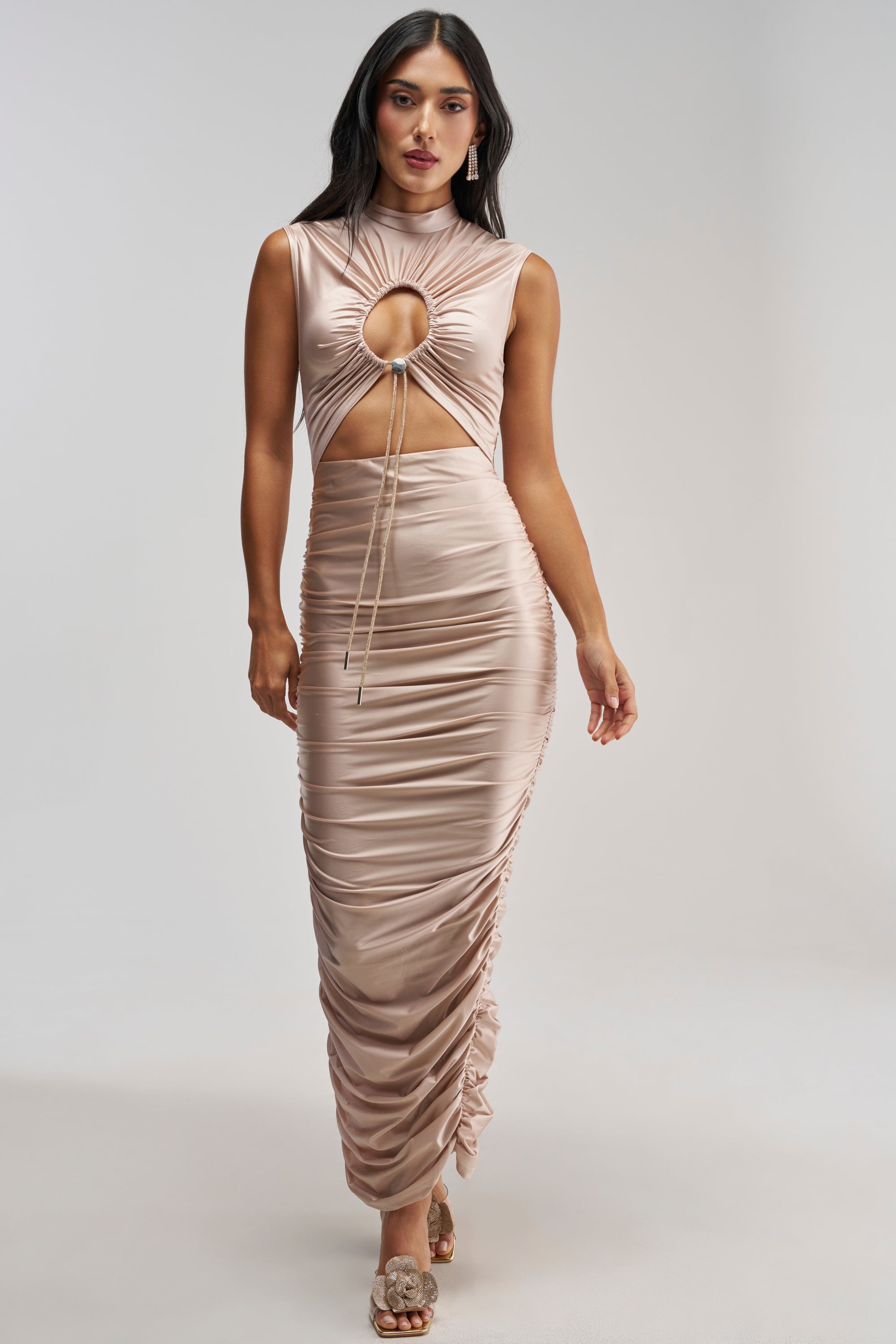 HOLD ME TIGHT STRETCH SATIN MAXI DRESS IN LIGHT PINK