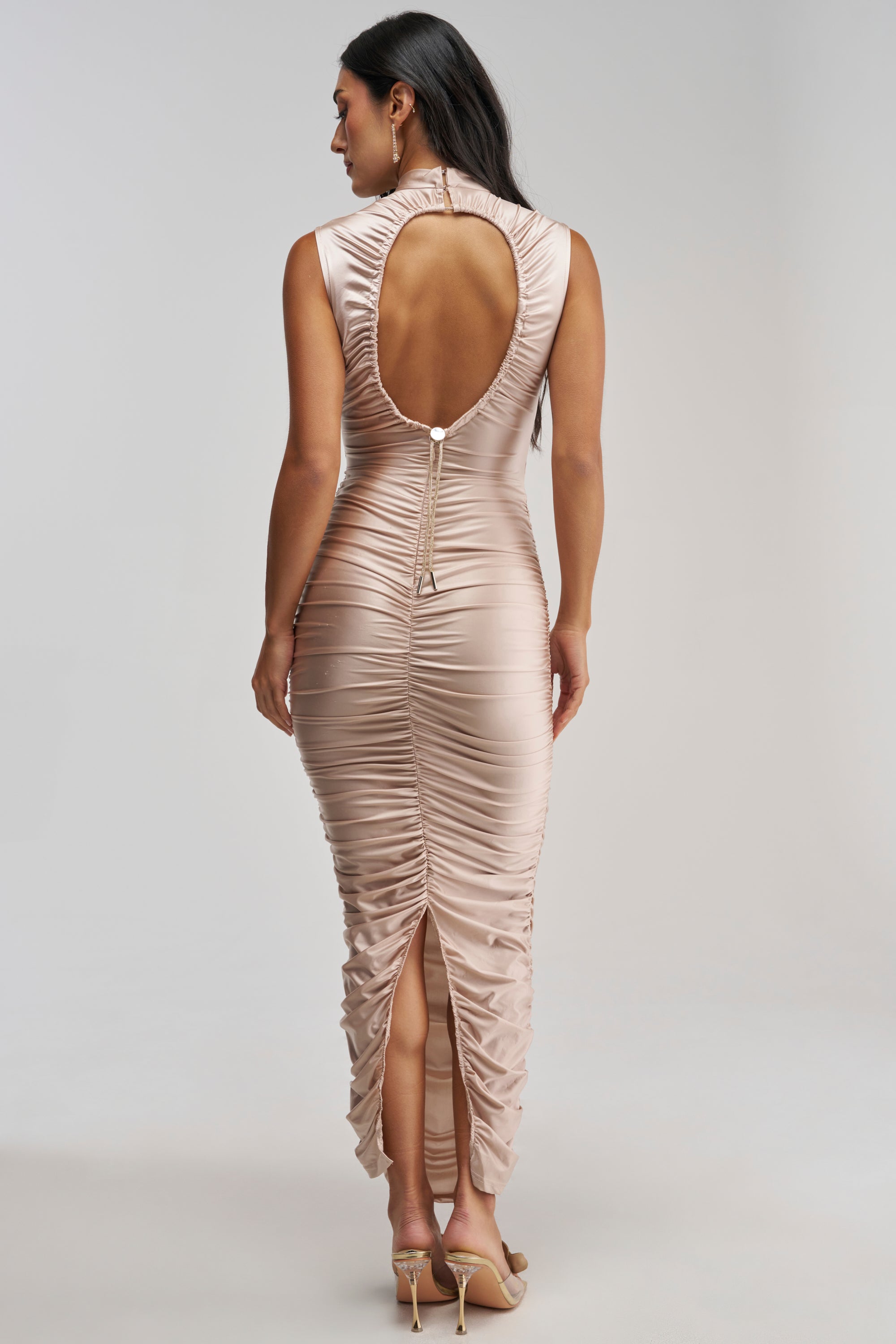 HOLD ME TIGHT STRETCH SATIN MAXI DRESS IN LIGHT PINK