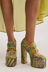 AZALEA WANG JUSTLY GREEN MULTI PLATFORM BROCADE BLOCK HEEL PUMP