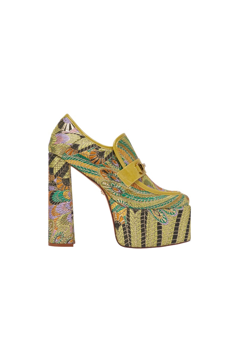 AZALEA WANG JUSTLY GREEN MULTI PLATFORM BROCADE BLOCK HEEL PUMP
