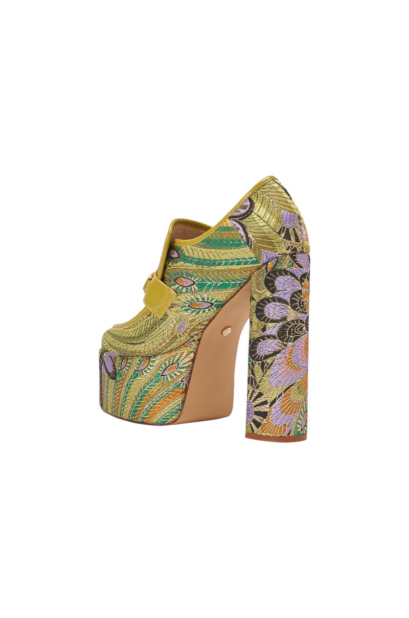 AZALEA WANG JUSTLY GREEN MULTI PLATFORM BROCADE BLOCK HEEL PUMP