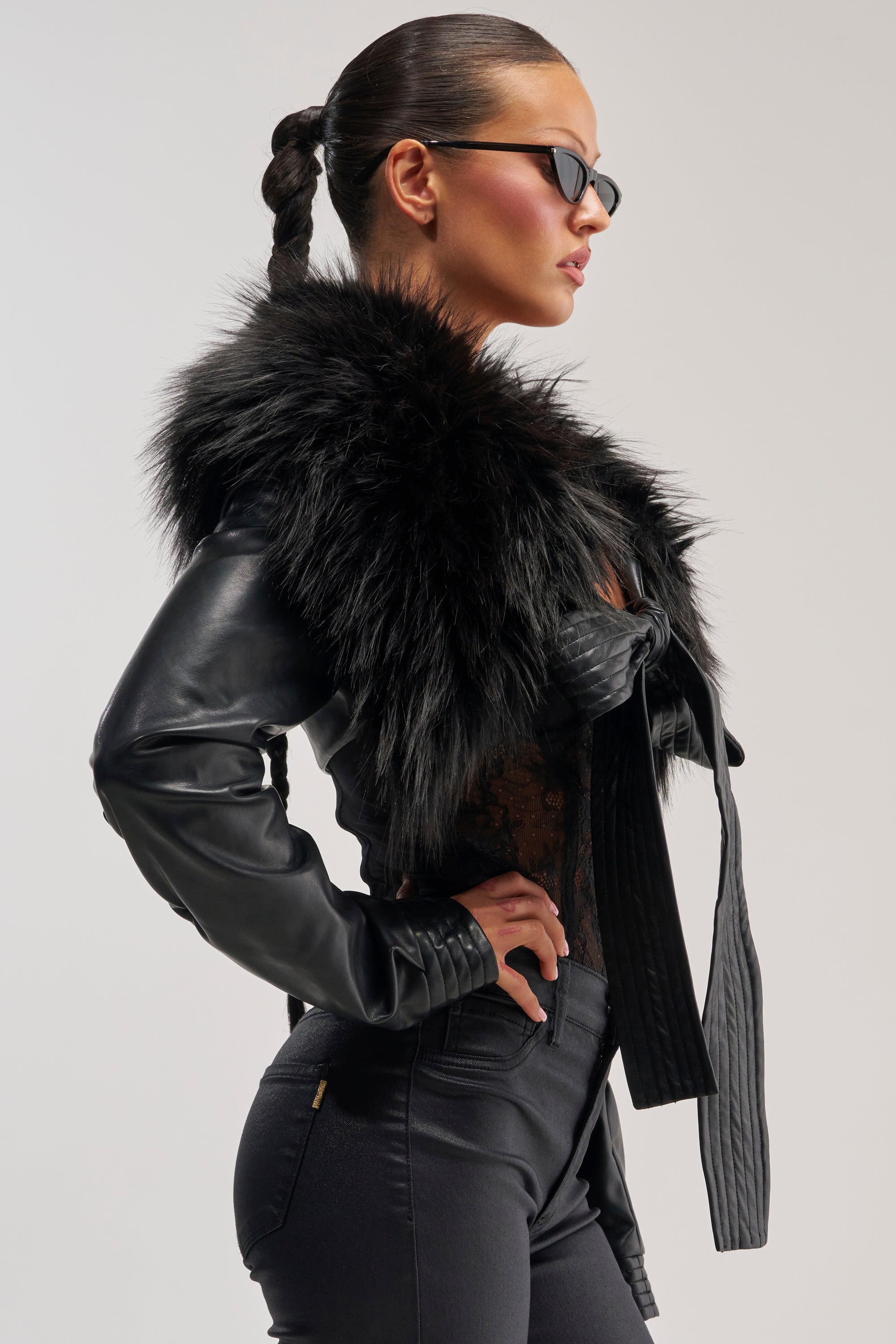 SPEND IT ALL FUR TRIM BOLERO IN BLACK