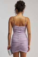 MAKE A WISH SHIMMER RUCHED MINI DRESS IN PURPLE
