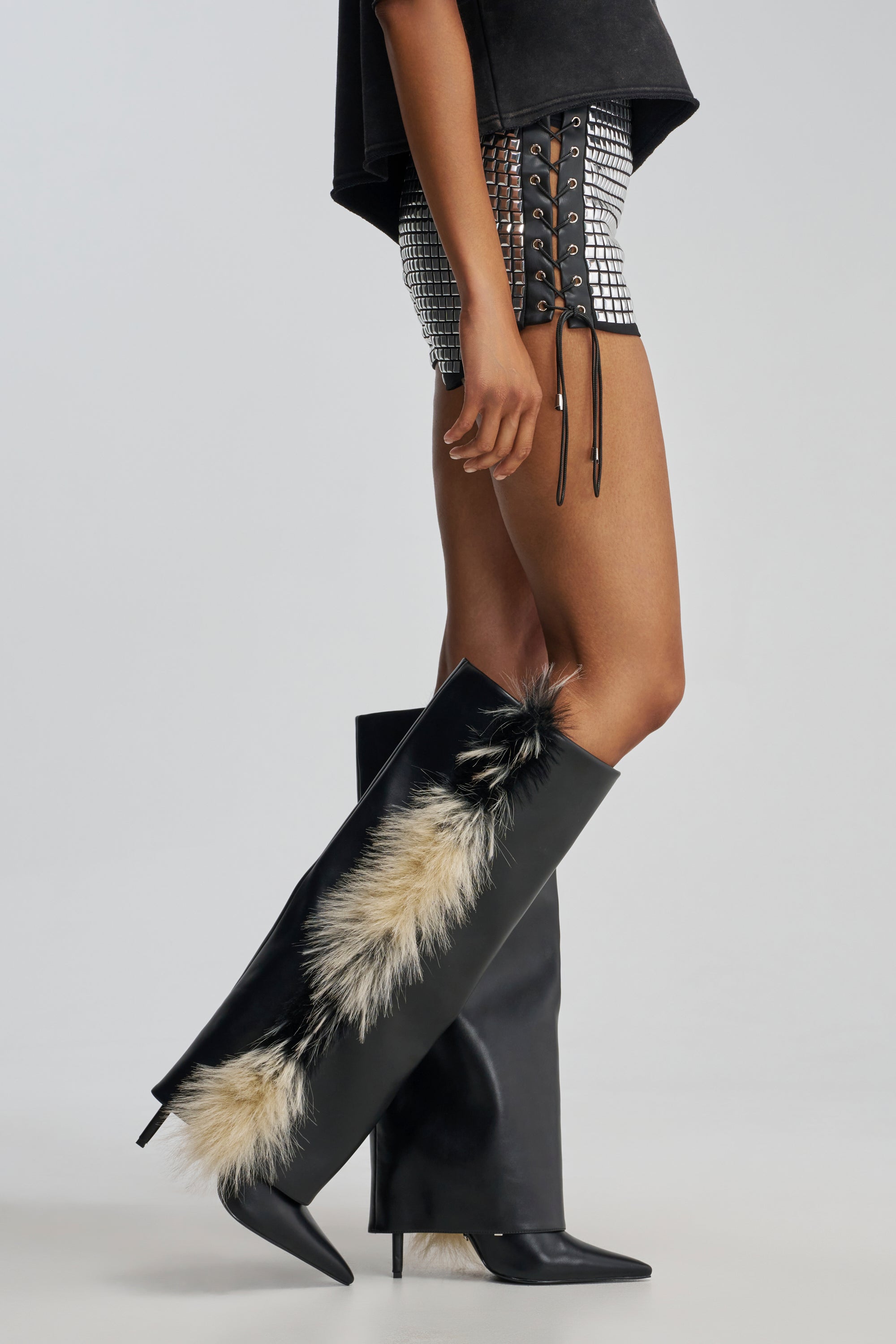 AKIRA GOLD KAIRA BLACK MULTI FUR TRIM DETAIL BOOT