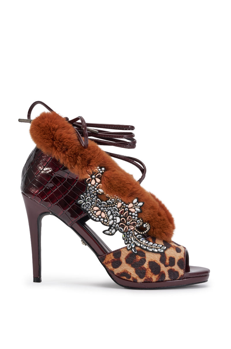 AZALEA WANG KERENESA BURGUNDY CROC COLORBLOCKED FUR SANDAL