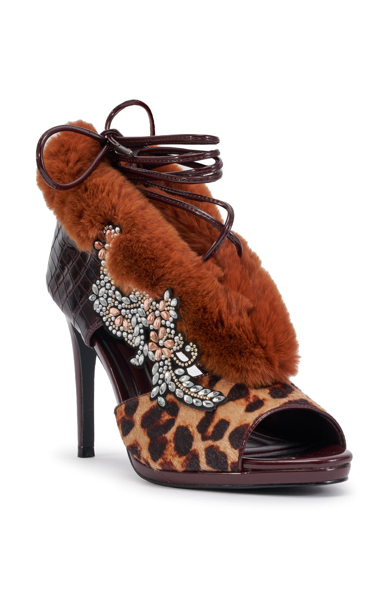 AZALEA WANG KERENESA BURGUNDY CROC COLORBLOCKED FUR SANDAL