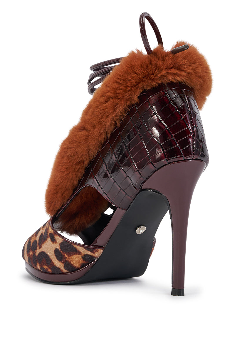AZALEA WANG KERENESA BURGUNDY CROC COLORBLOCKED FUR SANDAL