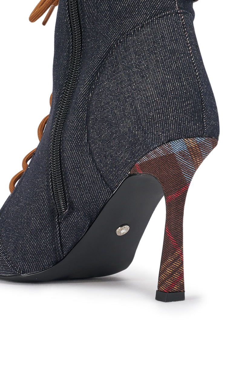 AZALEA WANG KYLAN DENIM PATCHWORK OPEN TOE BOOTIE