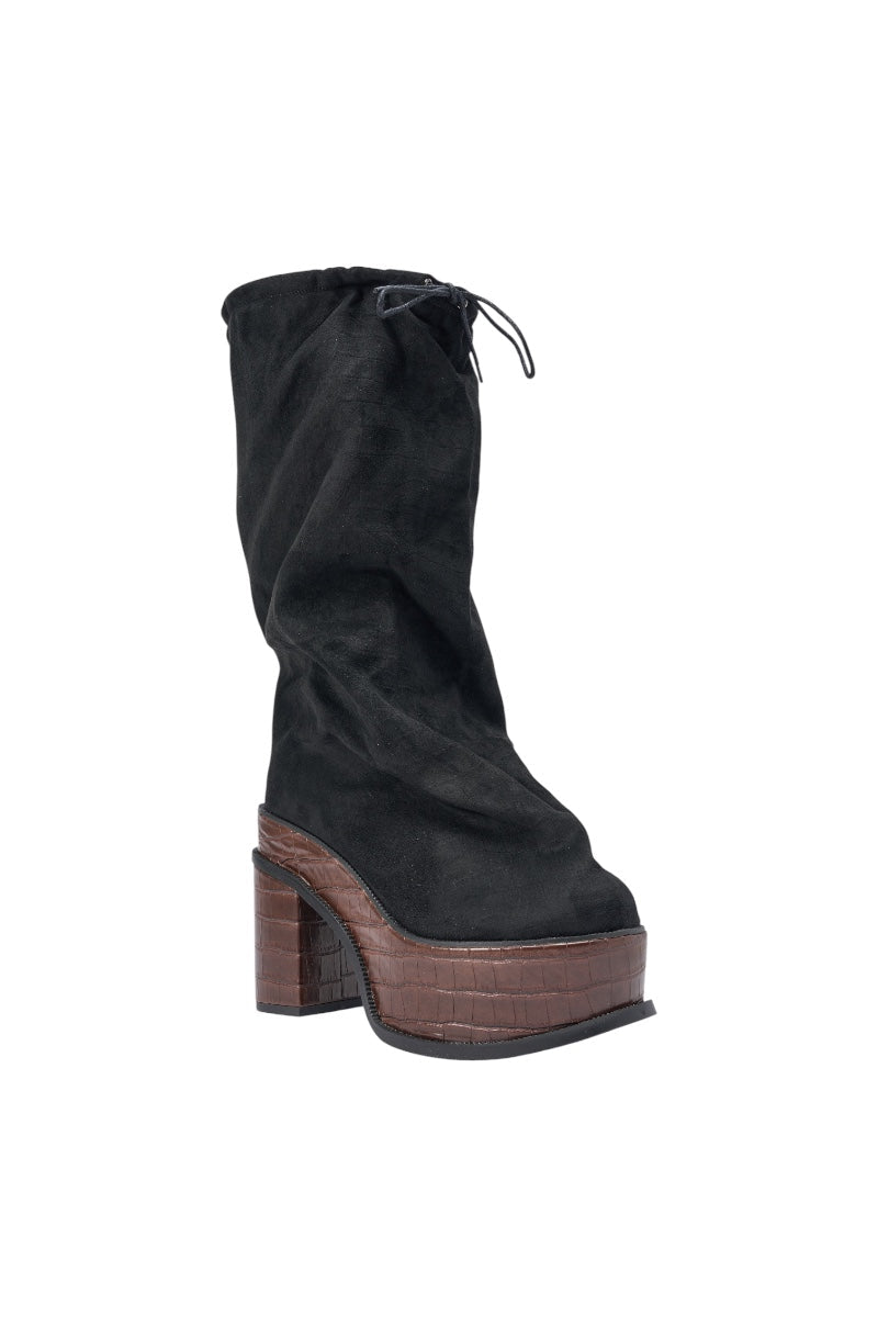 AZALEA WANG LESLIE BLACK CROC PLATFORM SLOUCHY BOOT