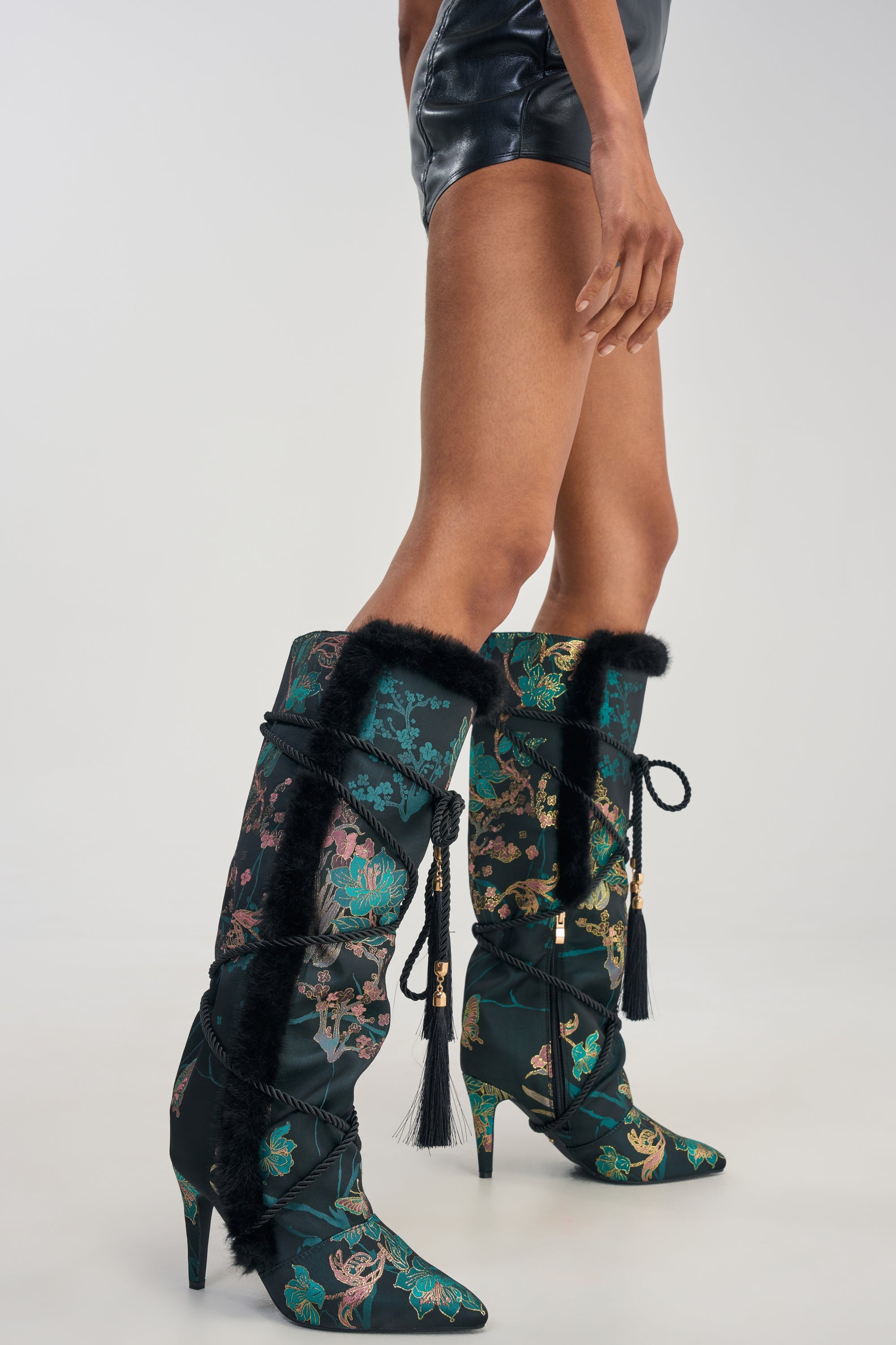 AZALEA WANG LISBETH BLACK MULTI BROCADE AND FUR STILETTO BOOT