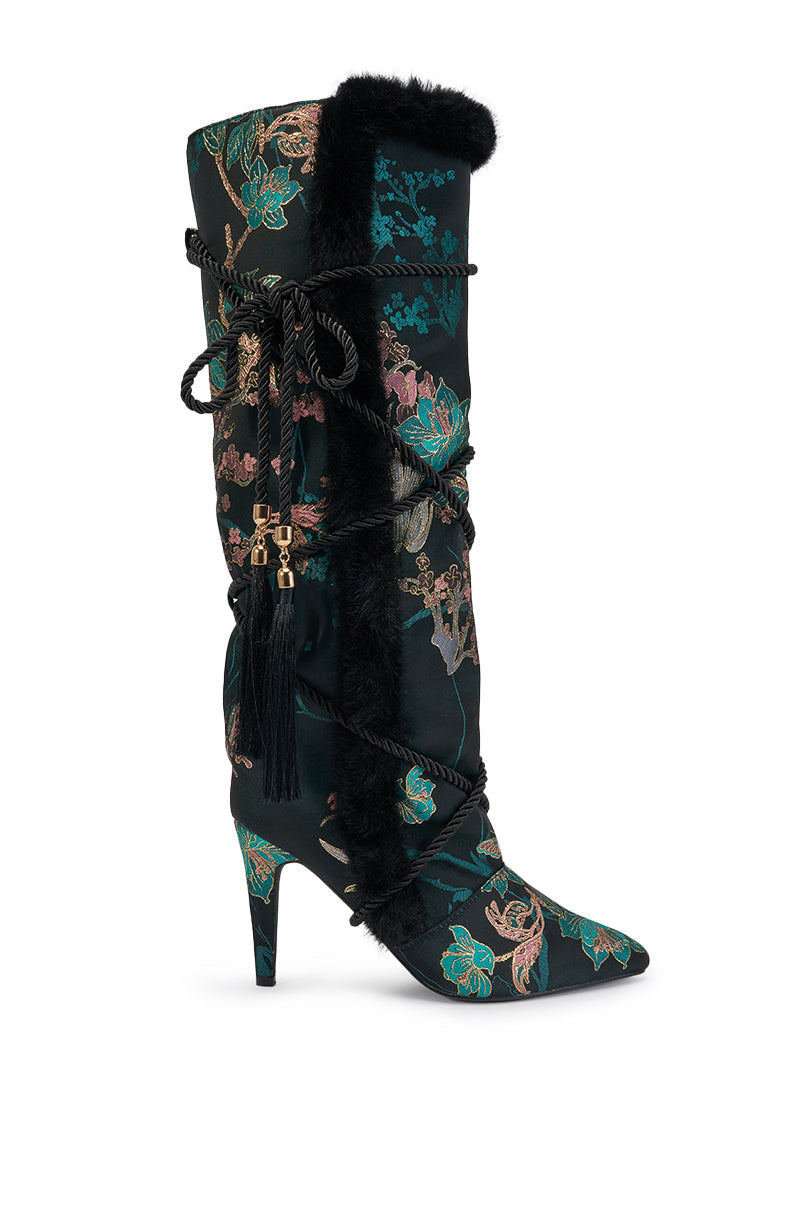AZALEA WANG LISBETH BLACK MULTI BROCADE AND FUR STILETTO BOOT