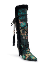 AZALEA WANG LISBETH BLACK MULTI BROCADE AND FUR STILETTO BOOT