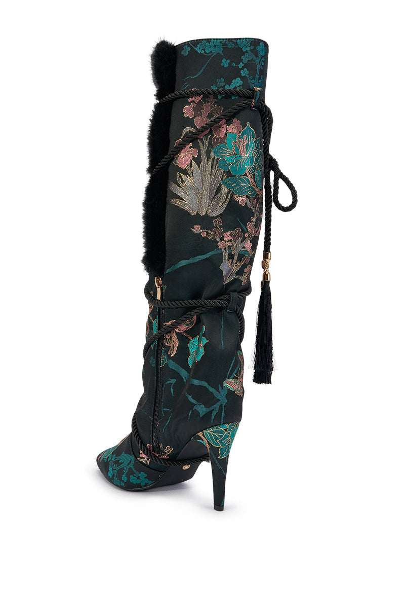 AZALEA WANG LISBETH BLACK MULTI BROCADE AND FUR STILETTO BOOT