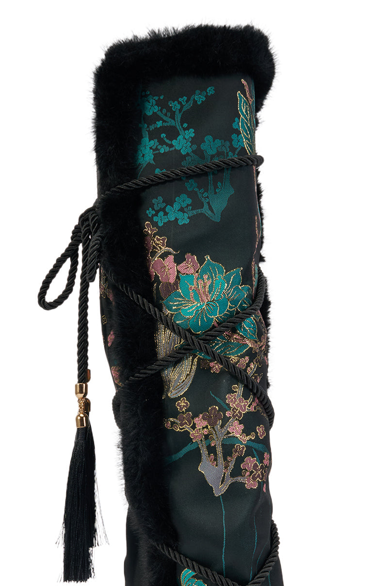 AZALEA WANG LISBETH BLACK MULTI BROCADE AND FUR STILETTO BOOT