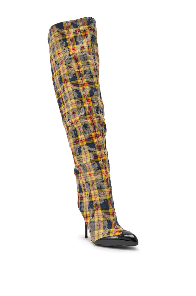 AZALEA WANG LOCHANA MULTI YELLOW PLAID FLANNEL SEXY BOOT